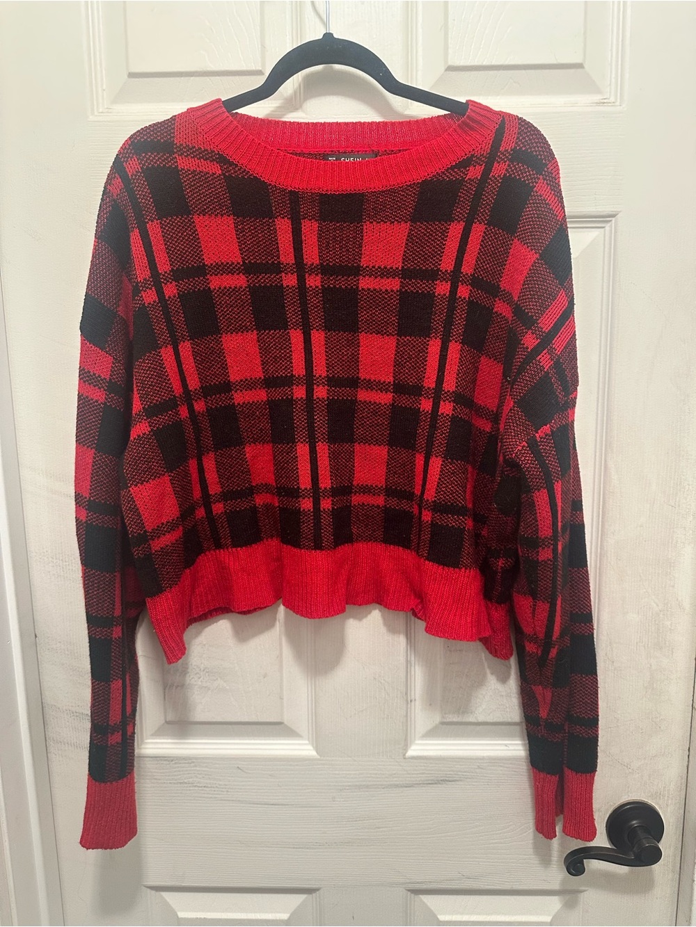 Red & Black Plaid Crewneck Cropped Sweater Holiday Oversized